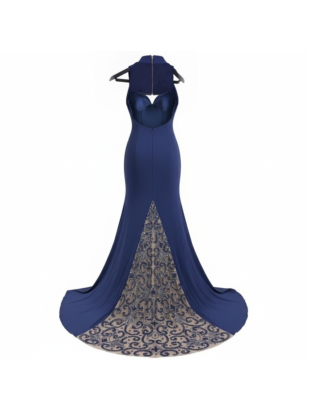 Sherri Hill 50644 Navy Blue Scuba Mermaid Prom Gown with Beaded Train - Size 8